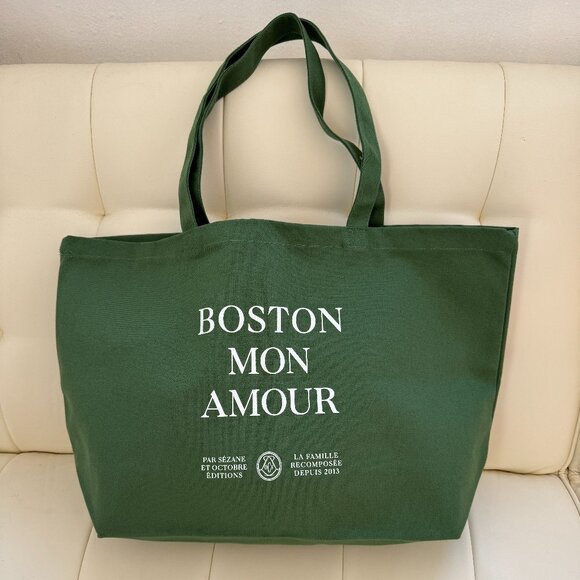 Sezane limited edition Boston Mon Amour olive green cotton canvas tote - NWOT - Picture 1 of 5